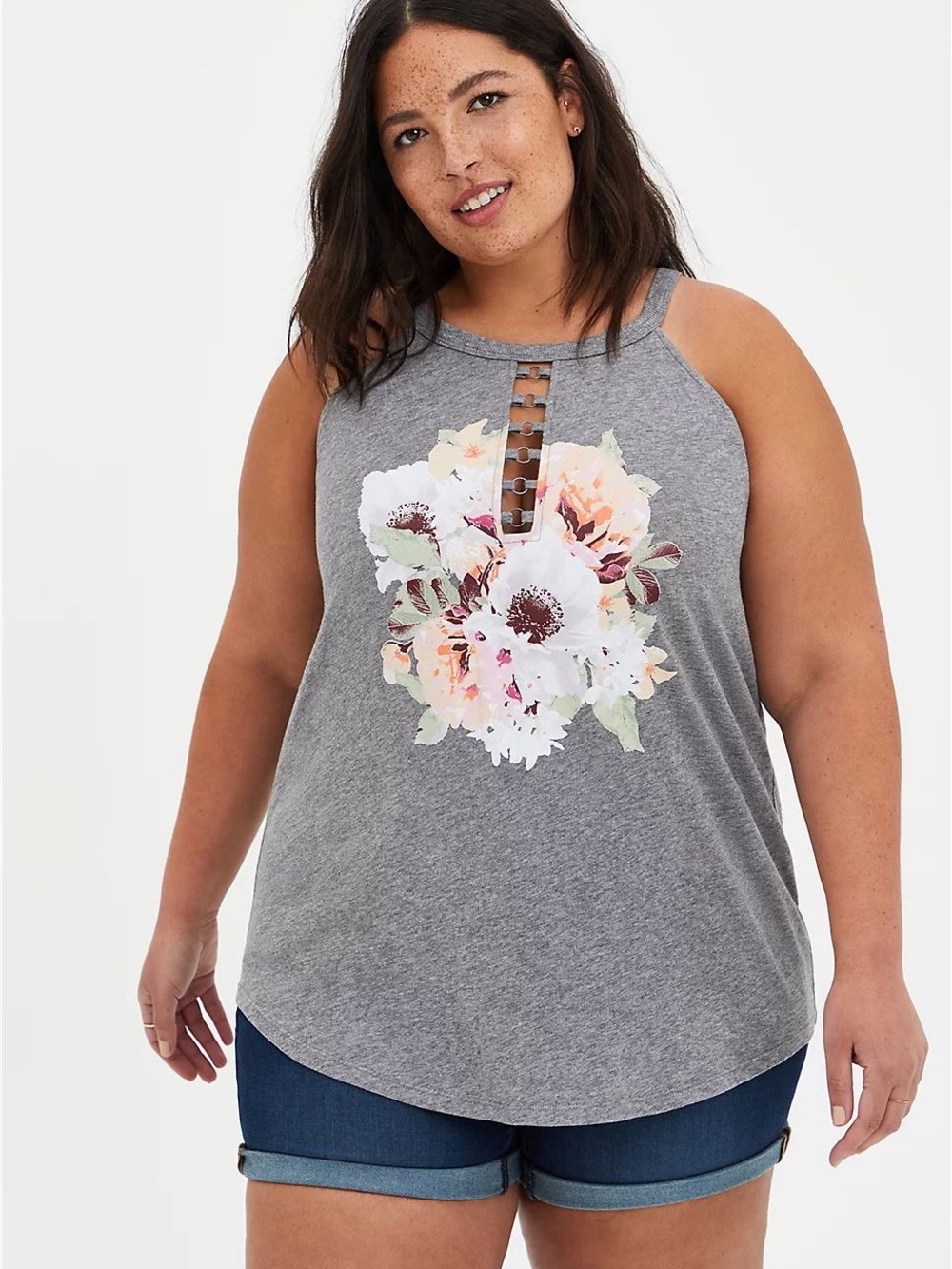 Torrid Gray Floral O-Ring Slim Fit Tank Top 00